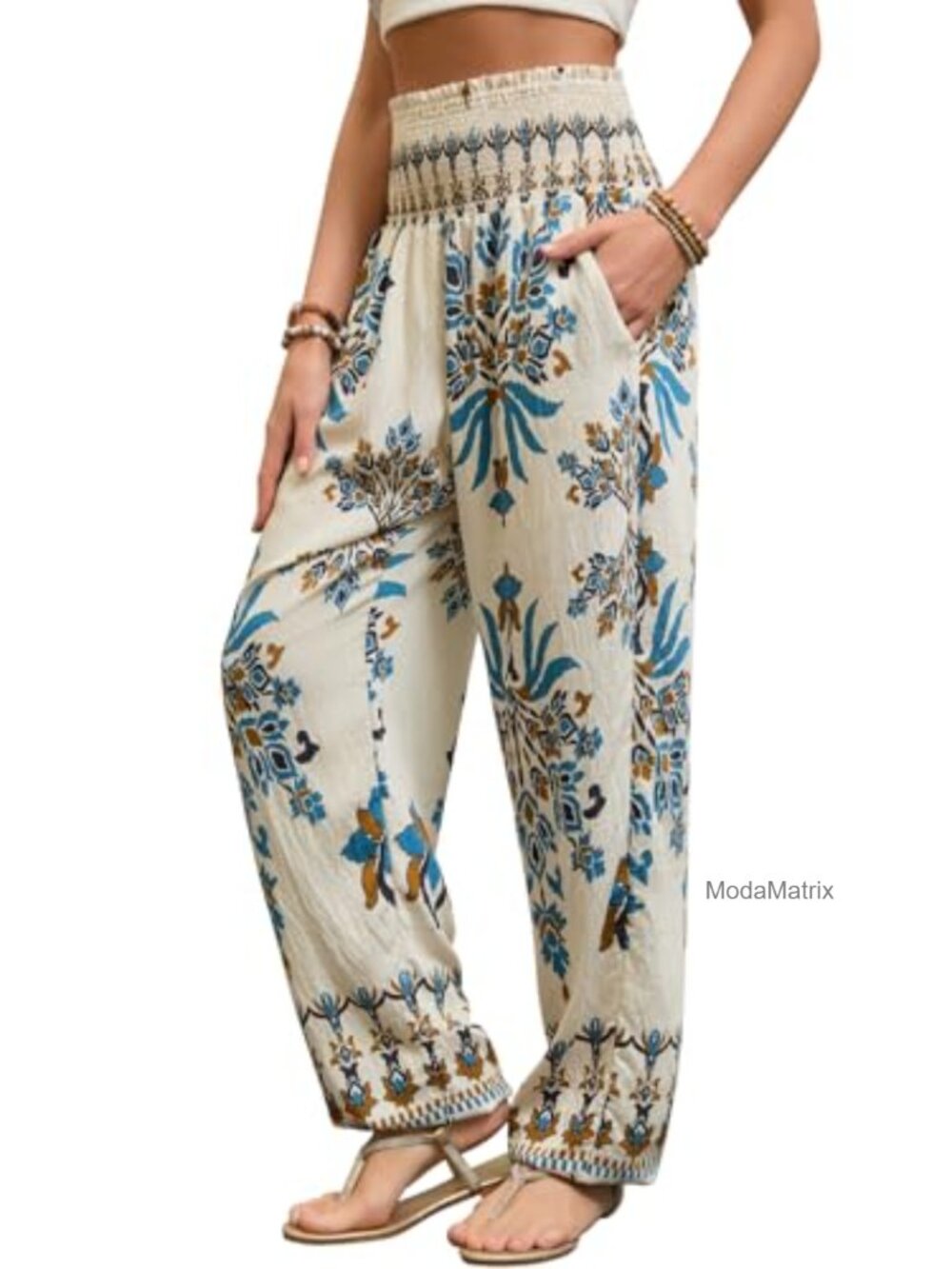 Boho Harem Pants Women High Waist Wide Leg Flowy Yoga Pants with Pockets